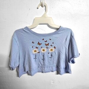 Light Blue Crop Top with Butterfly and Daisy Print